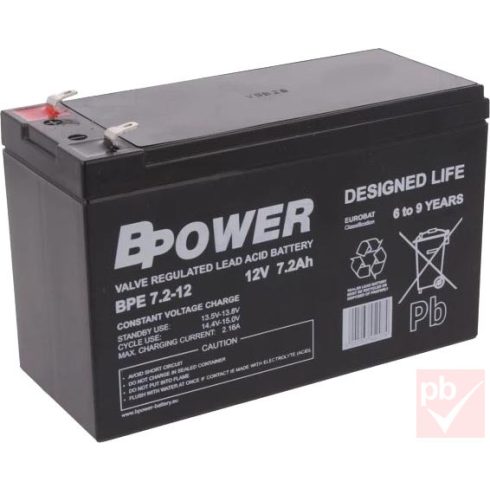 BPower BPE 7.2-12 12V 7.2Ah ólom-savas akkumulátor (élettartam: 6-9 év) 6.3mm sarukkal