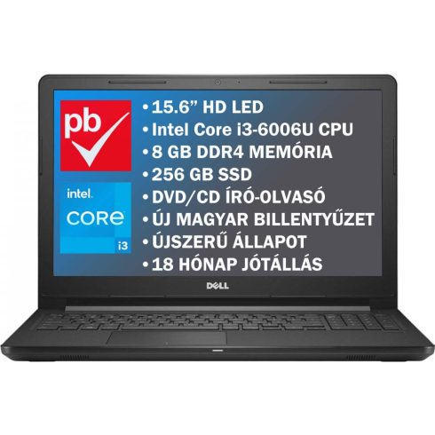 Dell Vostro 15-3568 felújított prémium használt laptop (Core i3, 8GB DDR4, 256GB SSD, DVD-RW)