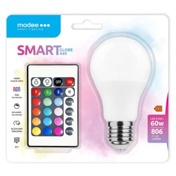   Modee LED Smart fényforrás távirányítóval, E27, 9.4W, RGB, 806lm, gömb (G60)