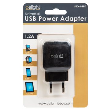   Delight hálózati USB töltő adapter 1db aljzattal (fekete, 1.2A)