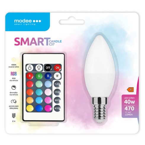 Modee LED Smart fényforrás távirányítóval, E14, 4.9W, RGB, 470lm, gyertya (C35)